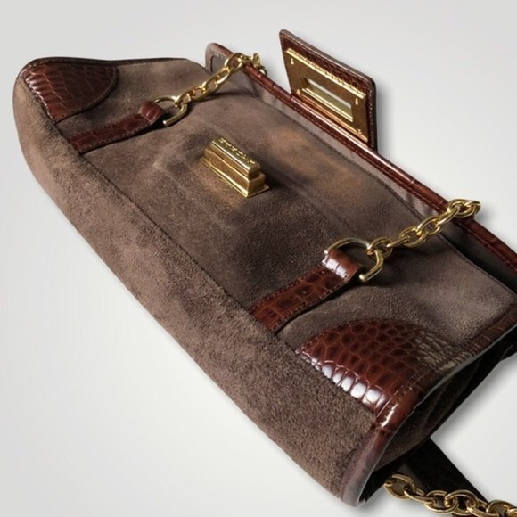 RALPH Lauren Bag Y2K Baguette Shoulder Genuine Suede and Croc Embossed Leather - Picture 4 of 12